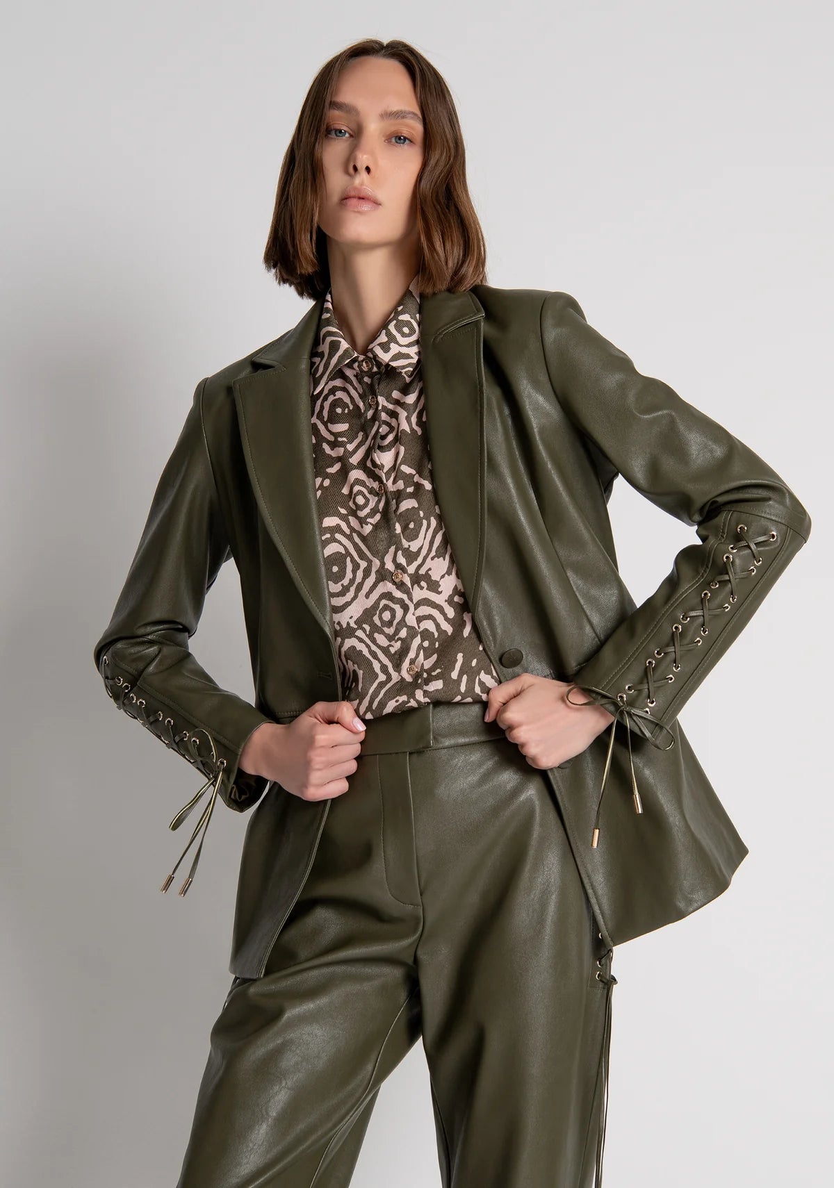Fracomina Faux Leather Blazer Olive