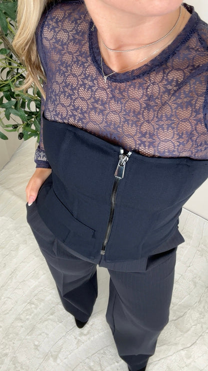 Pinko Stretch Kanten Top Love Birds Blauw