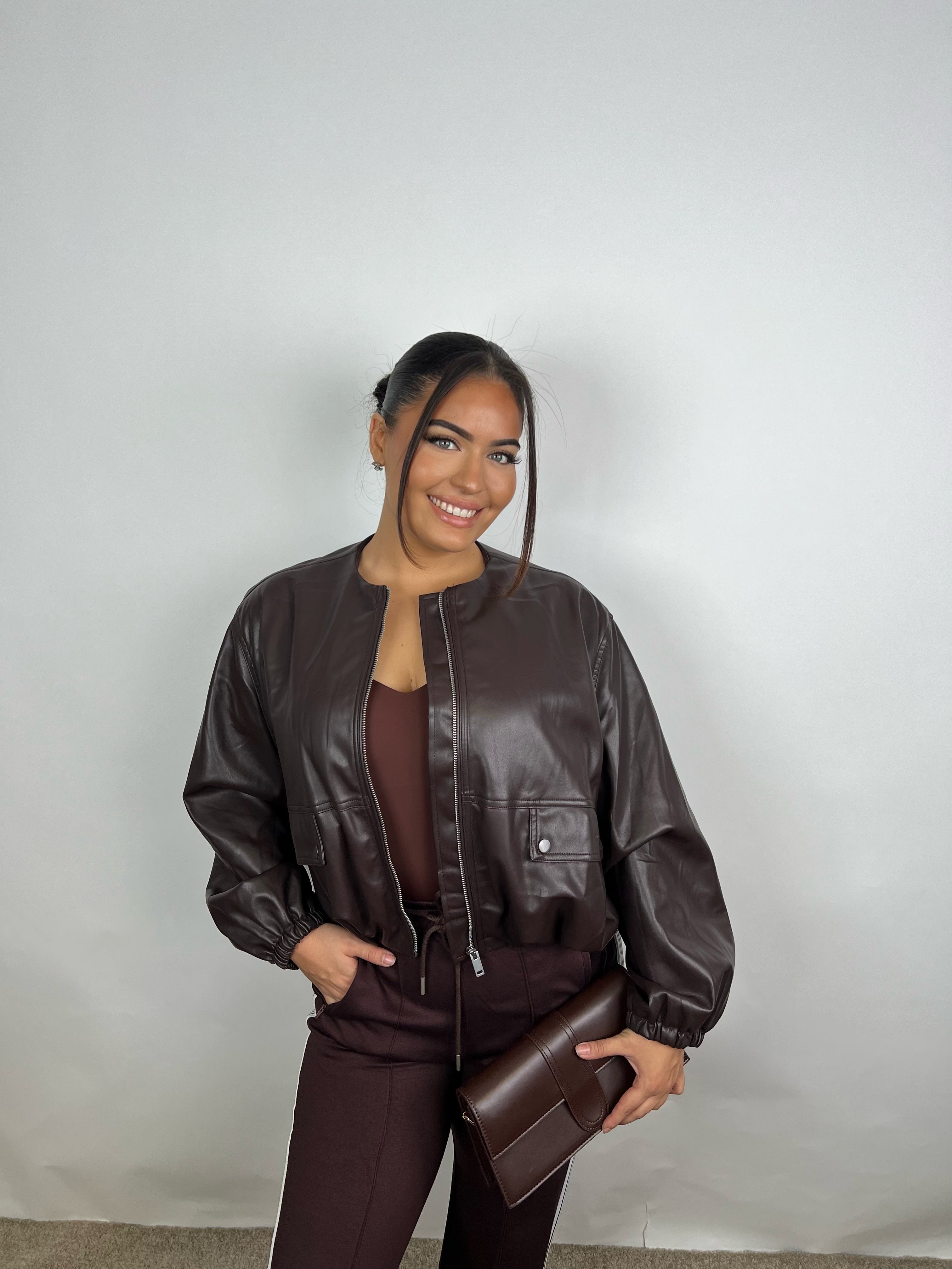 Ambika Brown Fake Leather Jacket Tess
