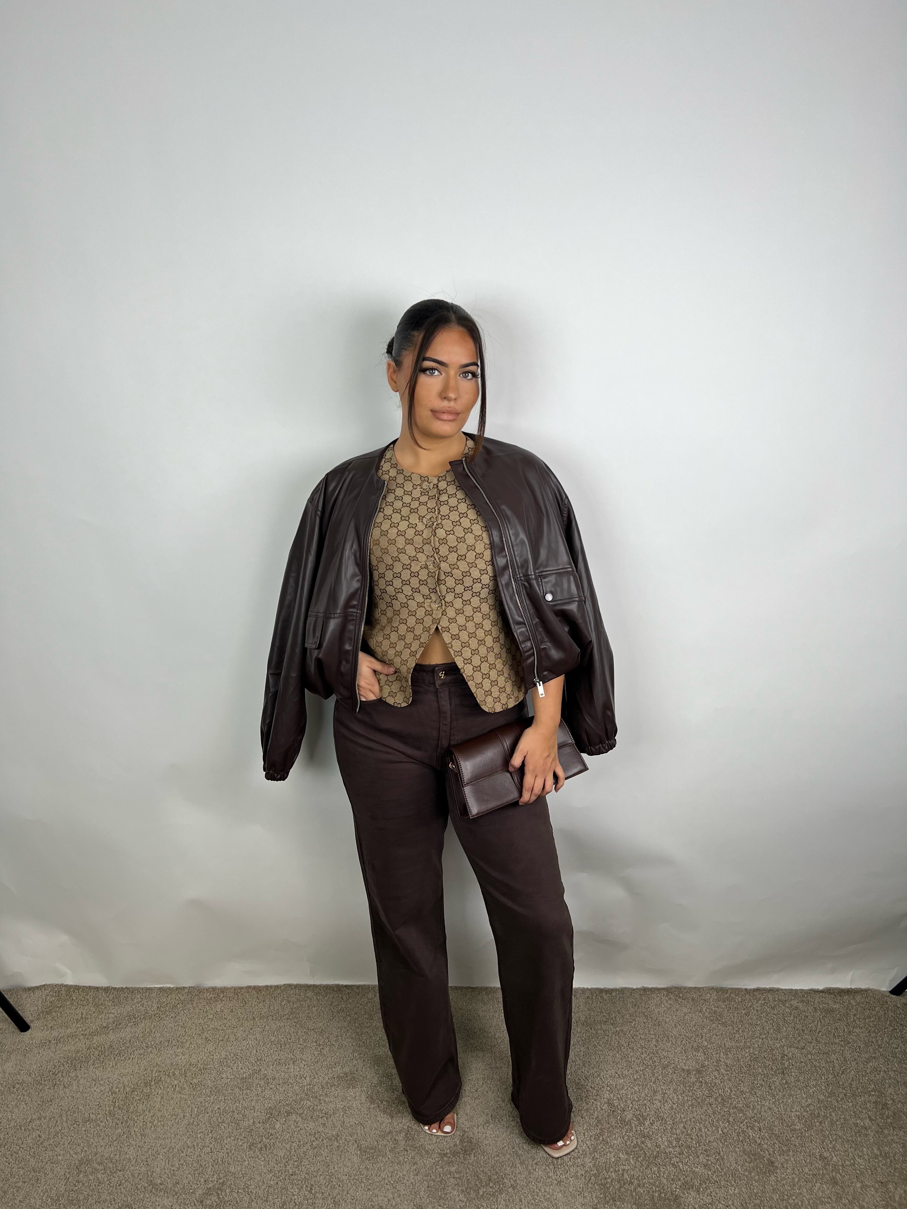 Ambika Brown Fake Leather Jacket Tess