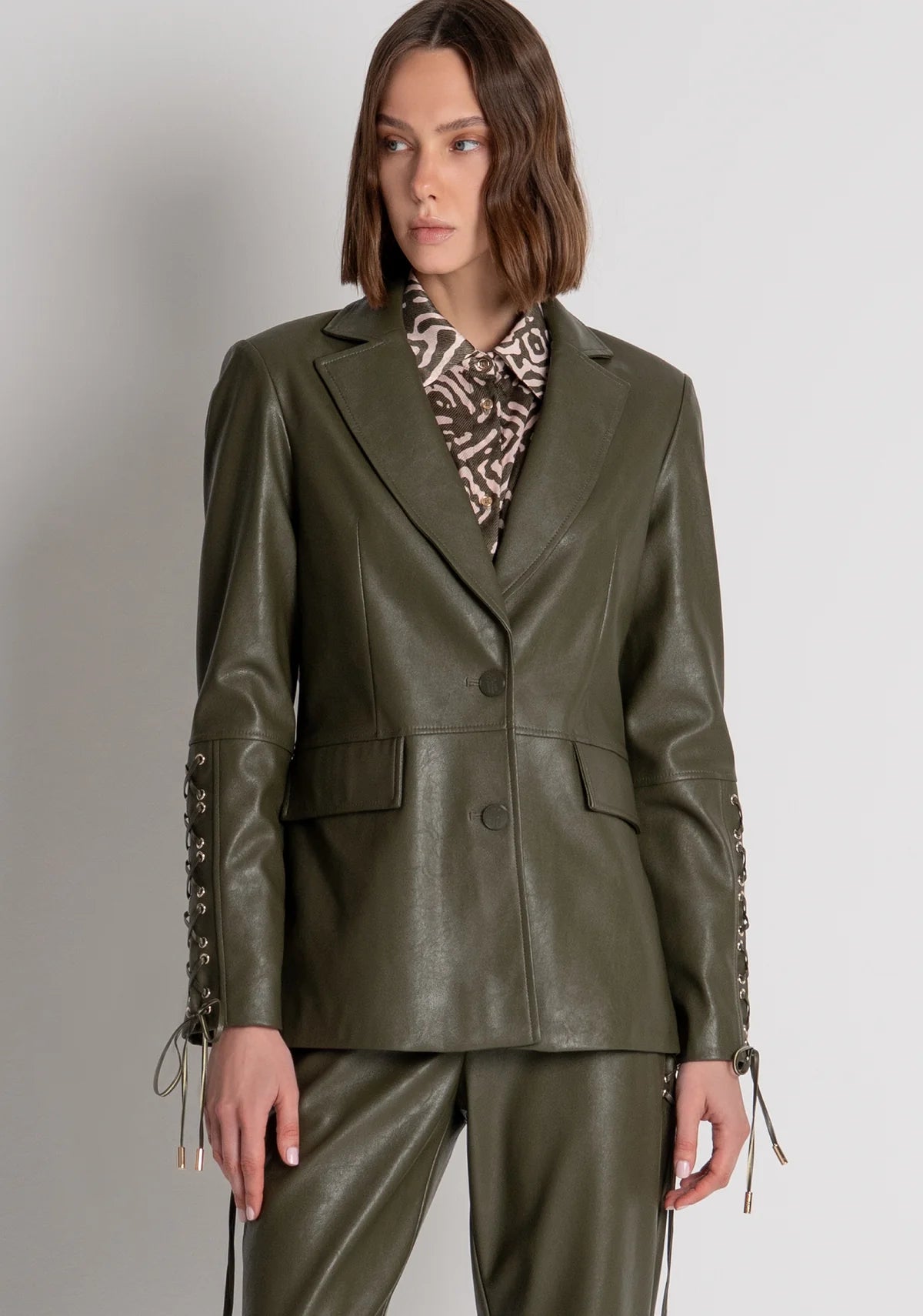 Fracomina Faux Leather Blazer Olive