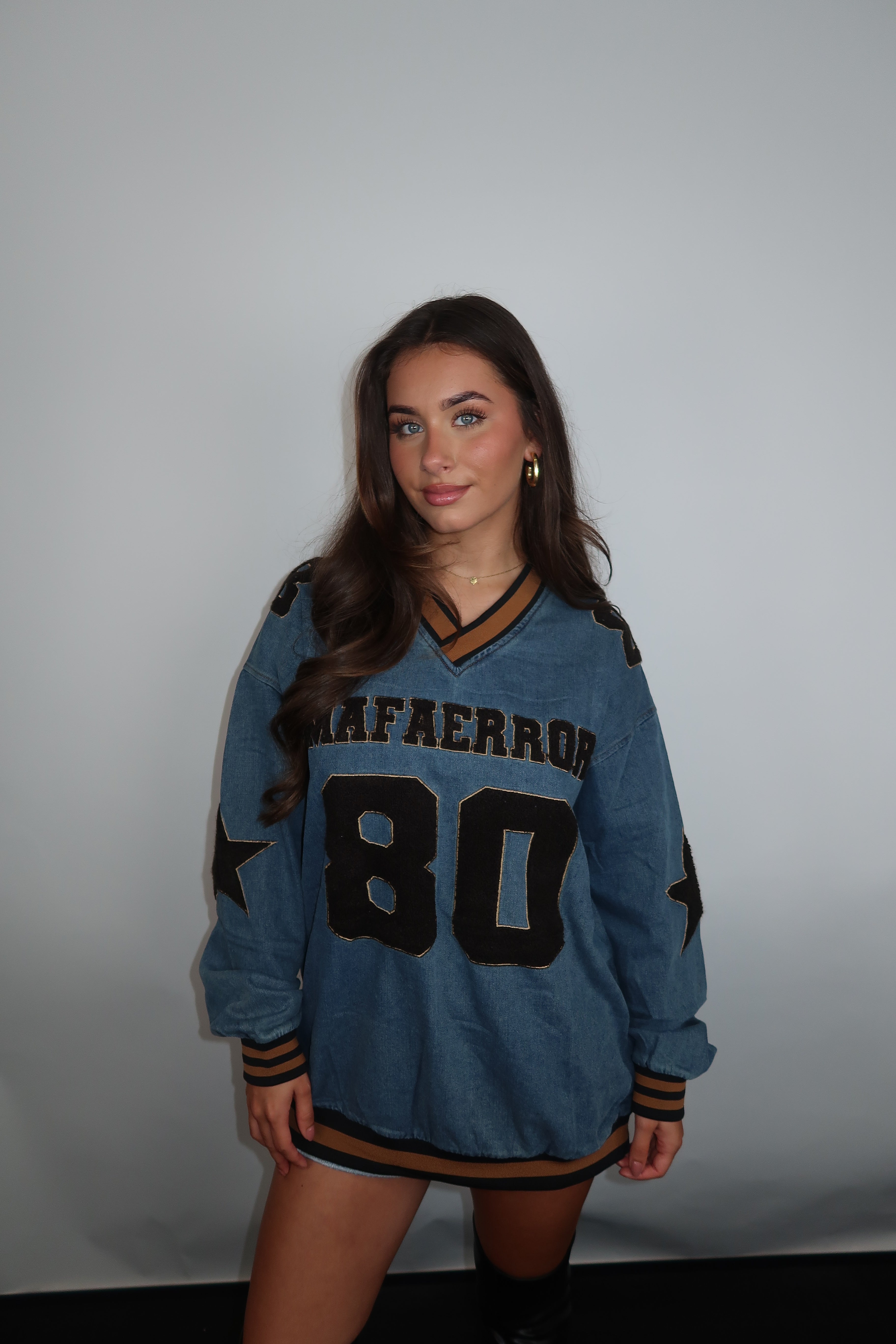 Oversized Denim Baseball Long Sleeve
