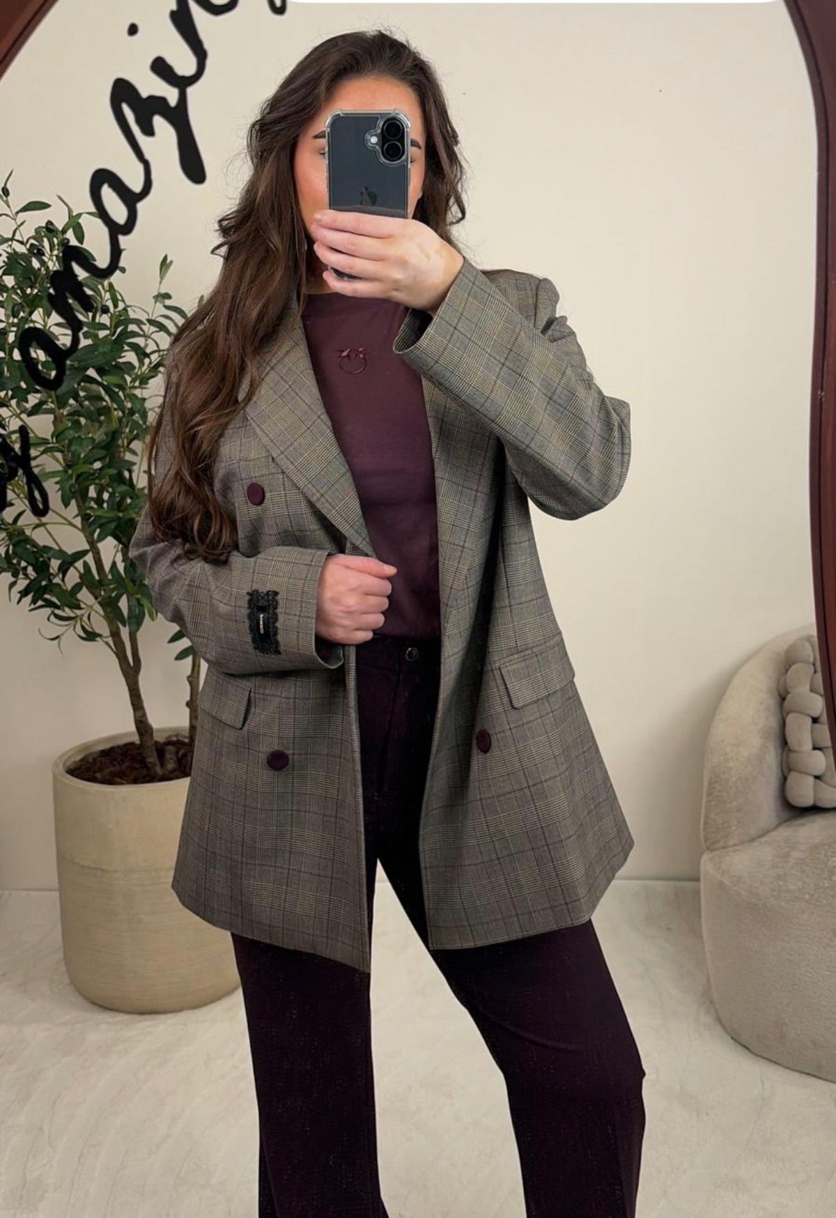 Pinko Geruite Blazer NIEUW GUINEA Beige/Bordeaux
