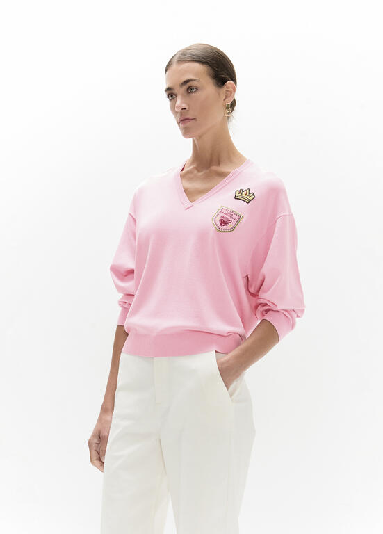 Lola Casademunt Roze V-Hals Trui Patches