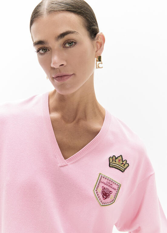 Lola Casademunt Roze V-Hals Trui Patches