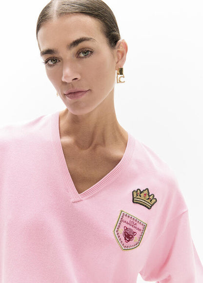 Lola Casademunt Roze V-Hals Trui Patches