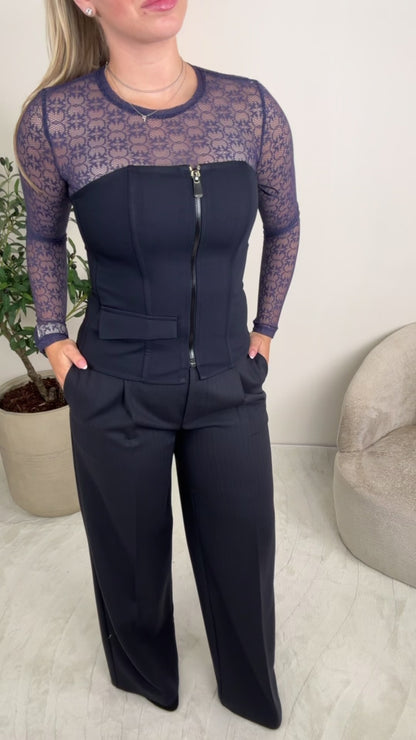 Pinko Stretch Kanten Top Love Birds Blauw